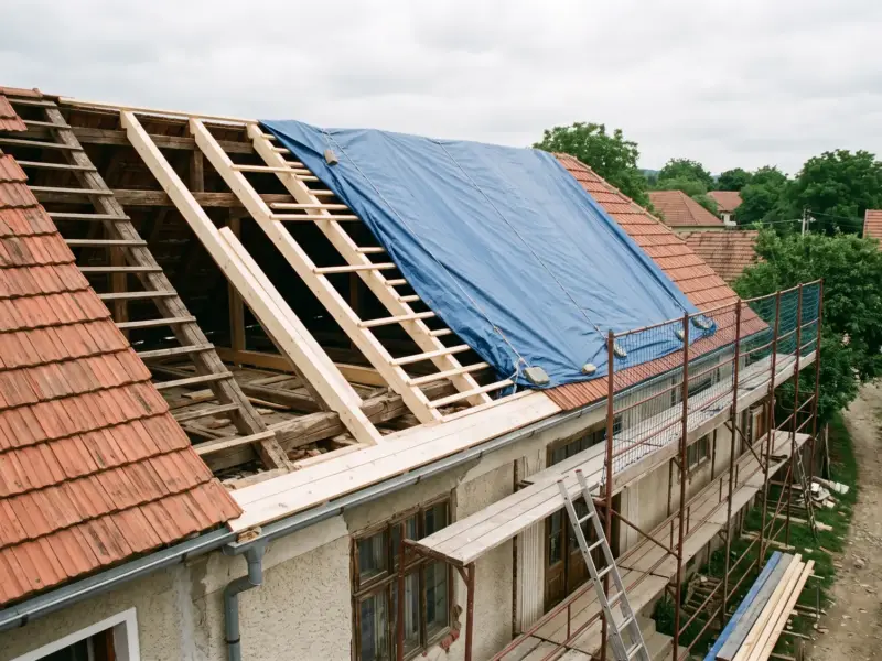 Acoperiș în lucru pentru mansardare, cu căpriori noi lângă cei vechi, prelată de protecție și schelă