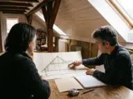 Arhitect și proprietar discută la masă planșele cu secțiunea prin acoperiș și dosarul pentru mansardare
