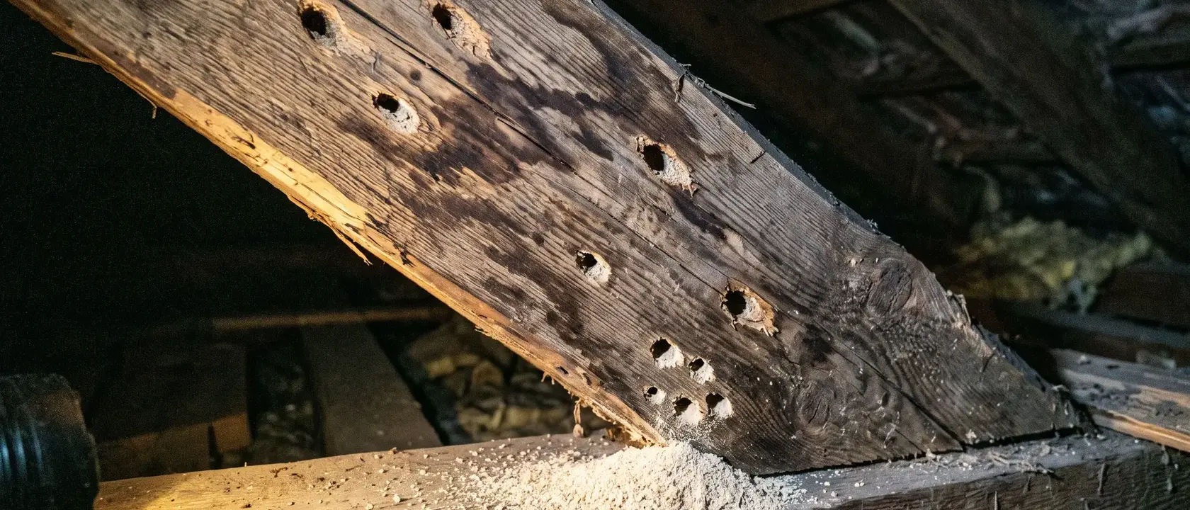 Căprior vechi cu pete de apă, găuri ovale de insecte și rumeguș fin dedesubt