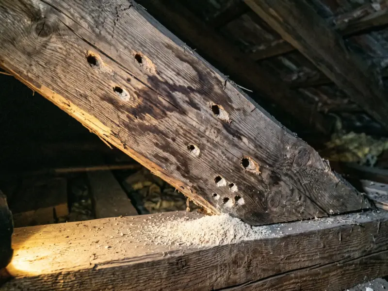 Căprior vechi cu pete de apă, găuri ovale de insecte și rumeguș fin dedesubt