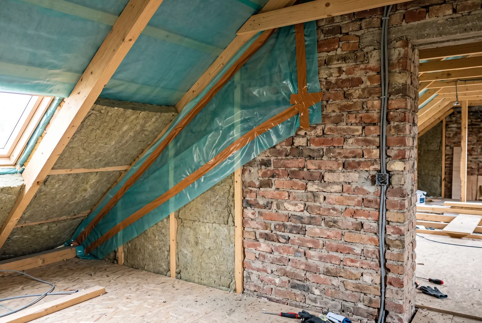 Colțul dintre pantă și fronton, cu bariera de vapori lipită pe zid și izolația continuă