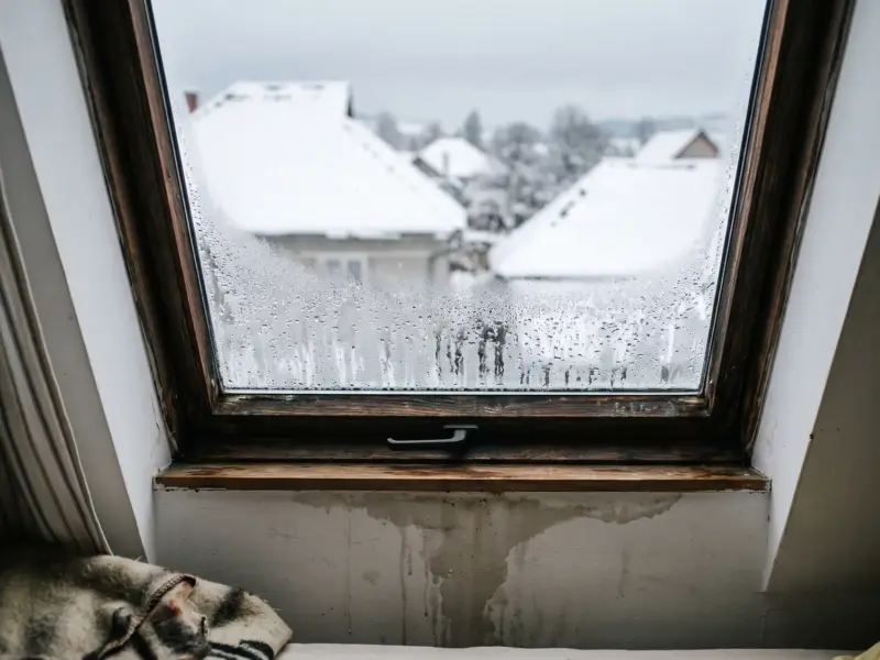 Condens pe marginea de jos a unei ferestre de mansardă într-o dimineață de iarnă