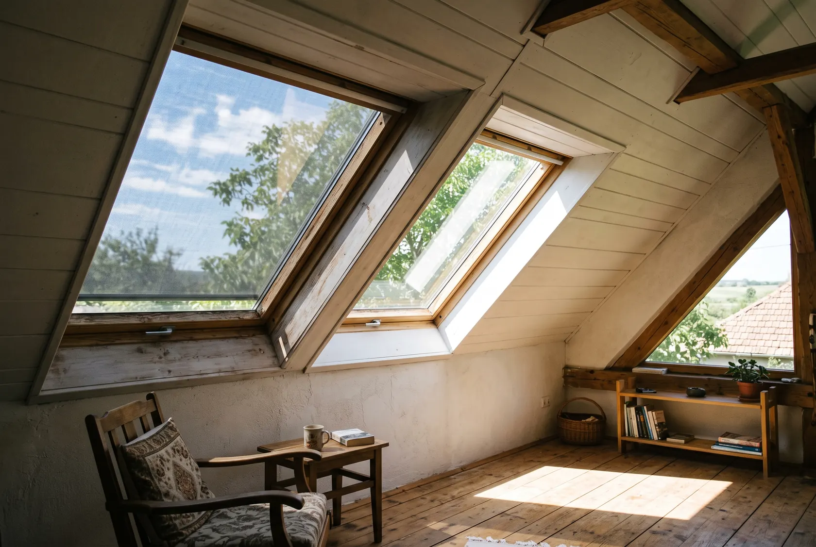 Fereastră cu copertină exterioară lângă una fără umbrire, văzute din interior