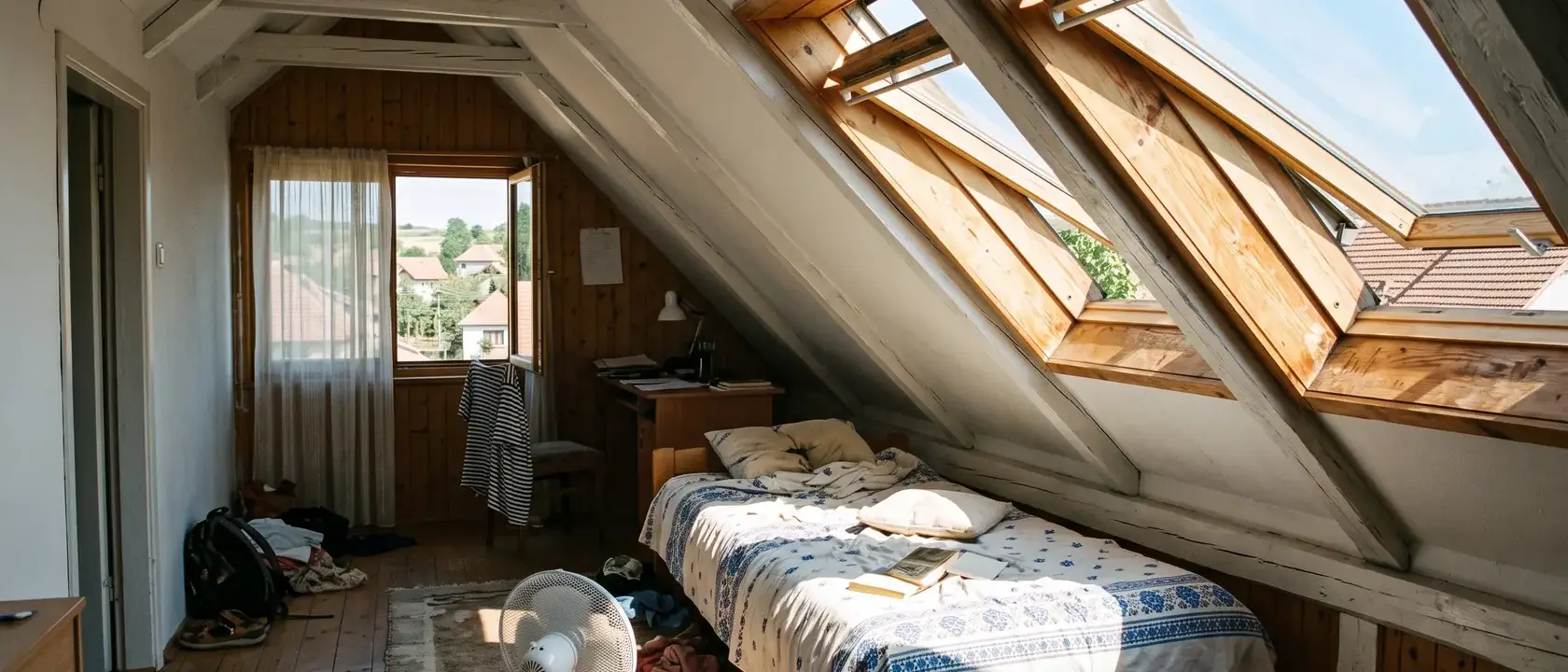 Dormitor la mansardă vara, cu soarele intrând direct prin ferestre de acoperiș neumbrite