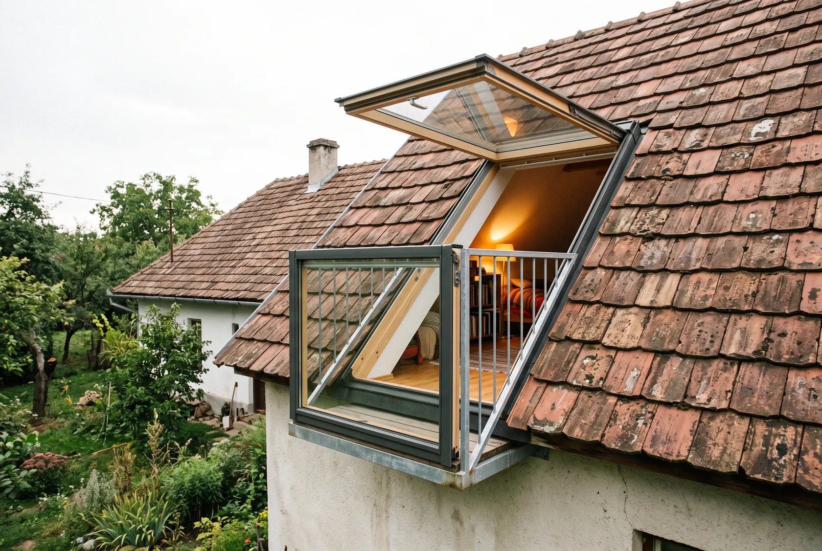 Fereastră balcon deschisă pe un acoperiș de țiglă, cu balustrade laterale