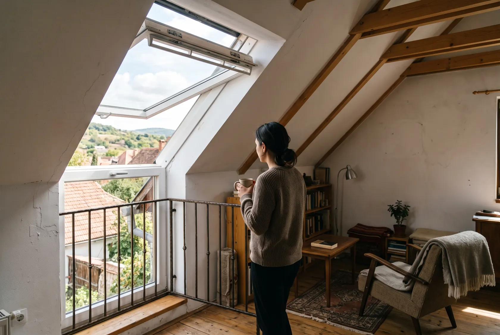Fereastră balcon deschisă, văzută din interiorul mansardei