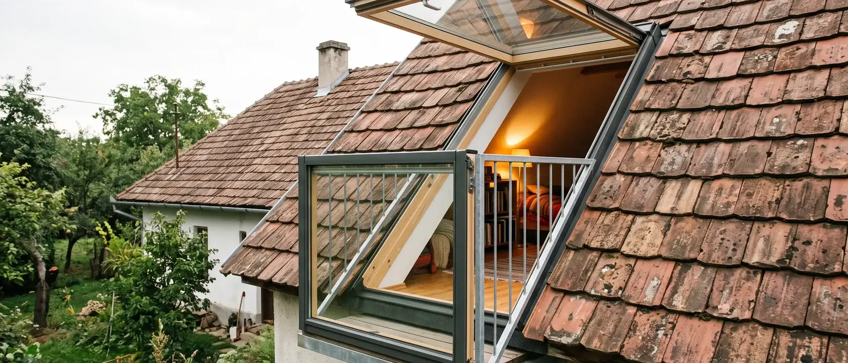 Fereastră balcon deschisă pe un acoperiș abrupt de țiglă, văzută din grădină