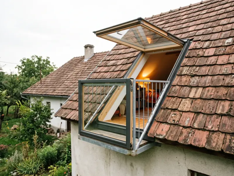 Fereastră balcon deschisă pe un acoperiș abrupt de țiglă, văzută din grădină