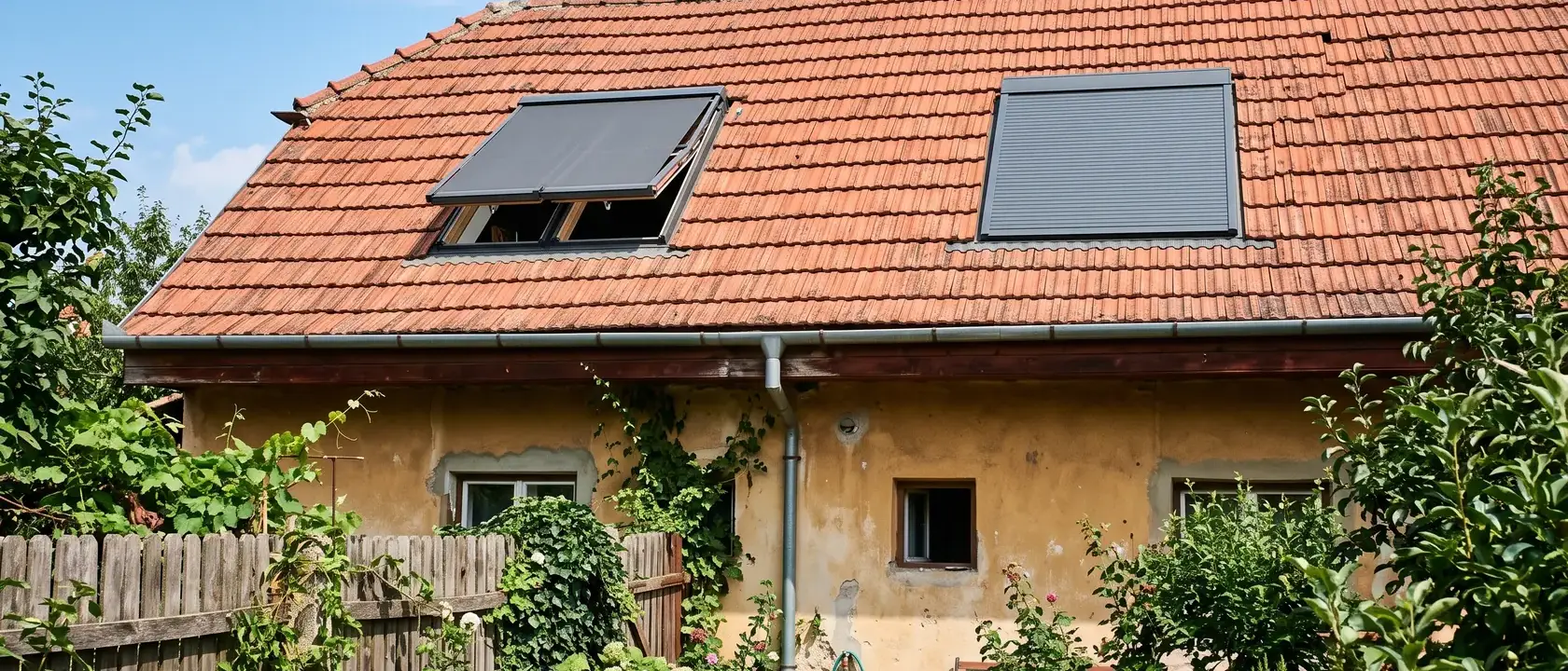 Două ferestre de mansardă, una cu rulou exterior și una cu copertină exterioară