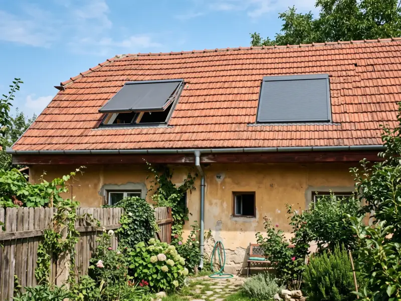 Două ferestre de mansardă, una cu rulou exterior și una cu copertină exterioară