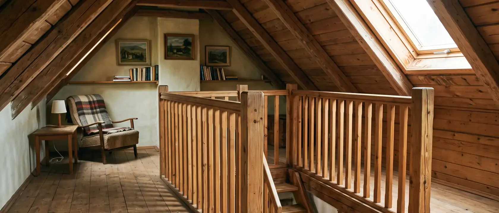 Galerie de mansardă cu balustradă din lemn cu montanți verticali deși în jurul golului scării