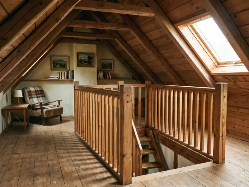 Galerie de mansardă cu balustradă din lemn cu montanți verticali deși în jurul golului scării