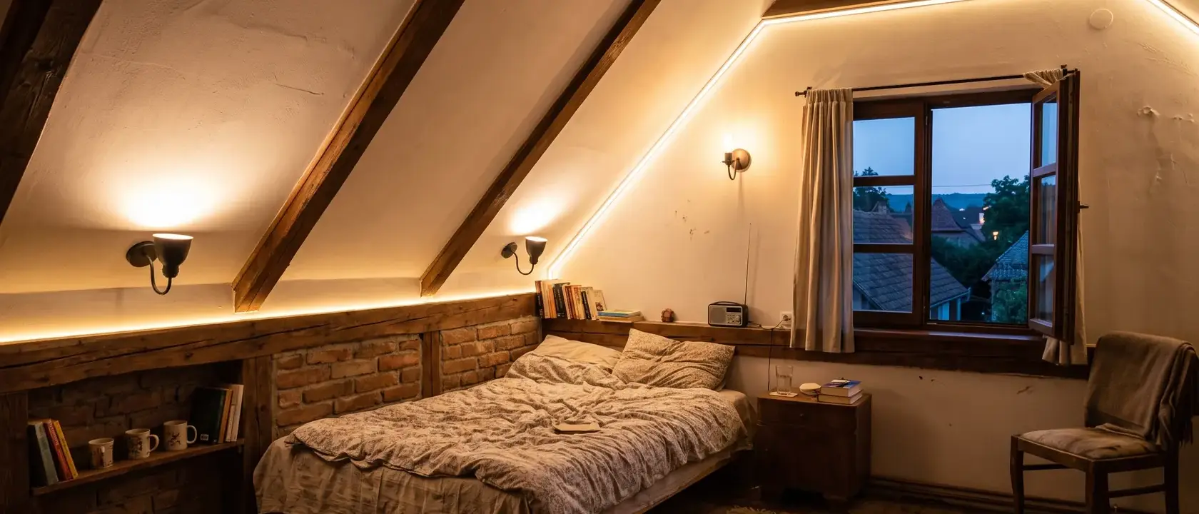 Dormitor la mansardă luminat seara de aplice pe peretele de genunchi și bandă LED