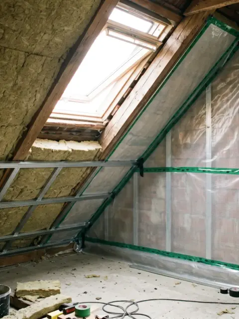 Mansardă în lucru cu vată între și sub căpriori și barieră de vapori lipită la îmbinări