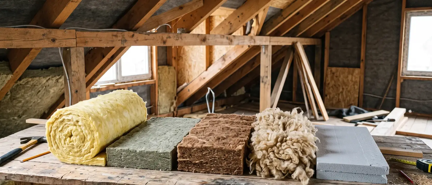 Mostre de materiale izolante pentru mansardă: vată de sticlă, vată bazaltică, fibre de lemn, lână și spumă rigidă