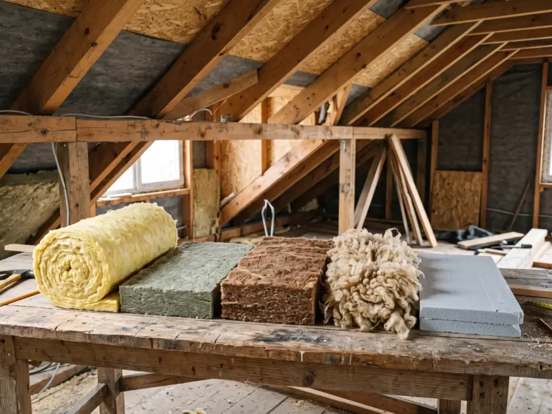 Mostre de materiale izolante pentru mansardă: vată de sticlă, vată bazaltică, fibre de lemn, lână și spumă rigidă