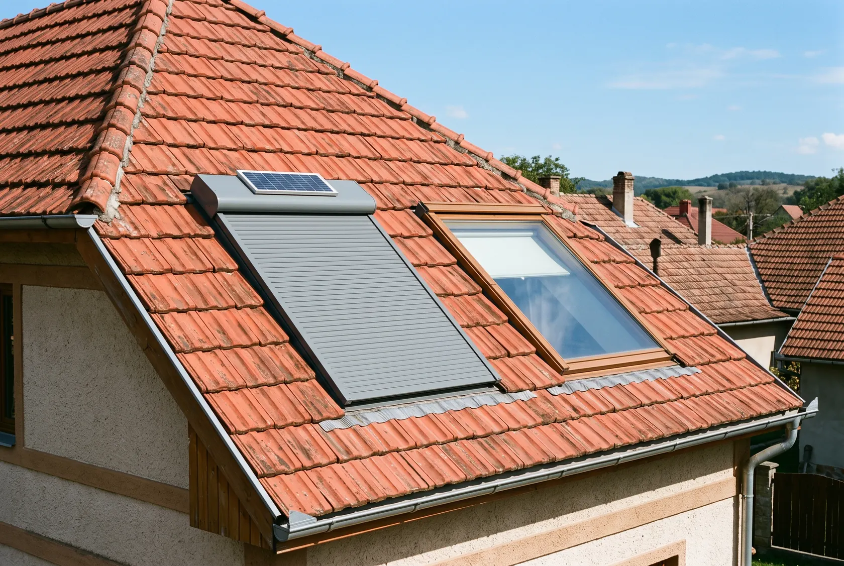 Rulou exterior coborât pe o fereastră de mansardă, cu celulă solară pe casetă