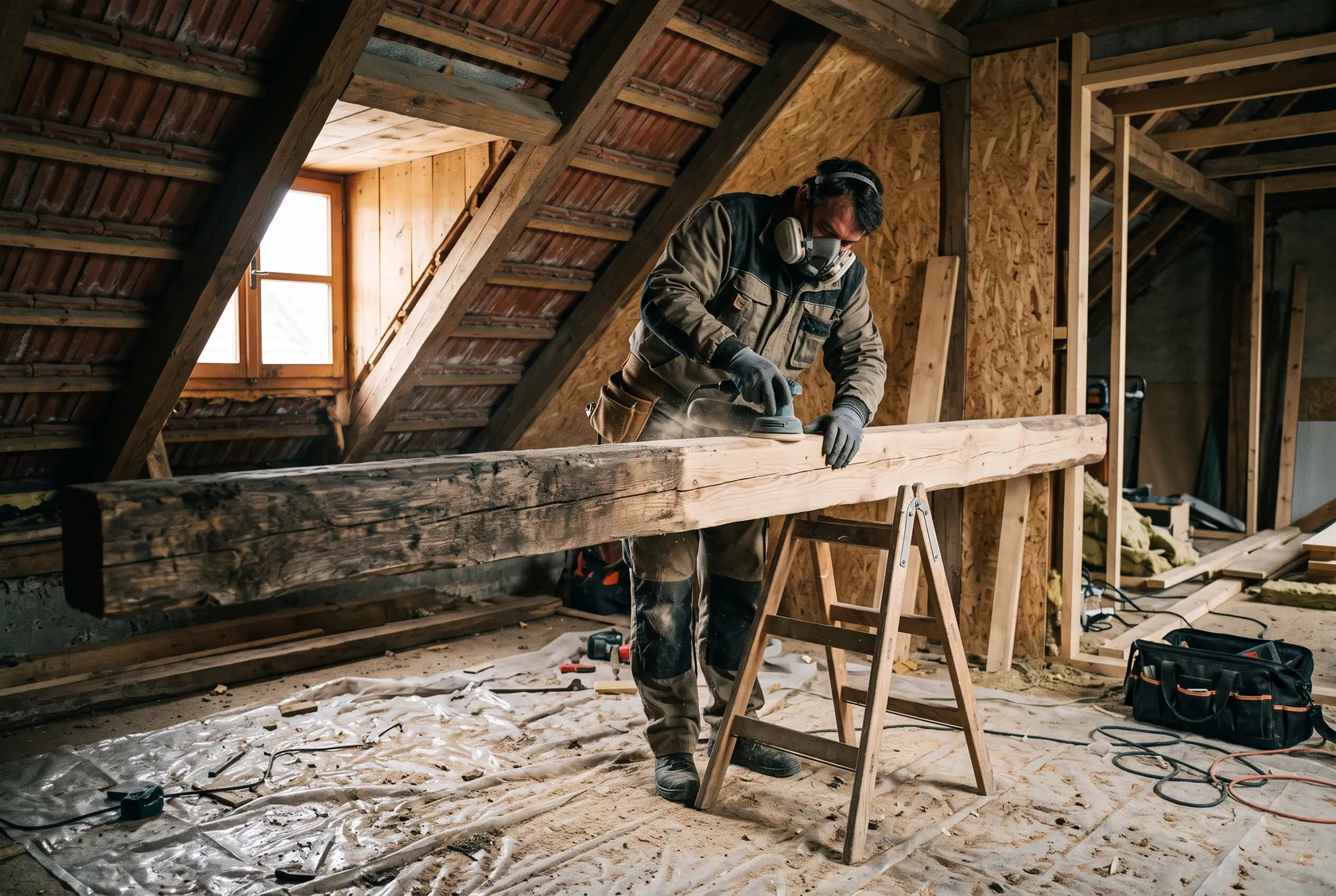 Șlefuirea unui clește vechi de lemn, cu jumătate de grindă deja curățată