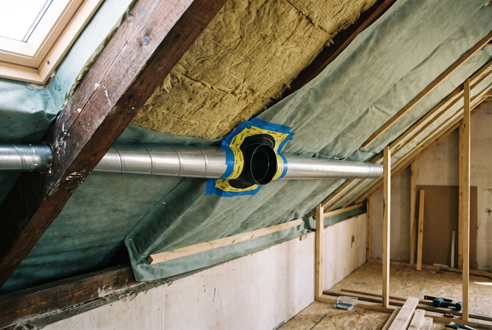 Tub de ventilare trecut printr-o manșetă lipită pe bariera de vapori