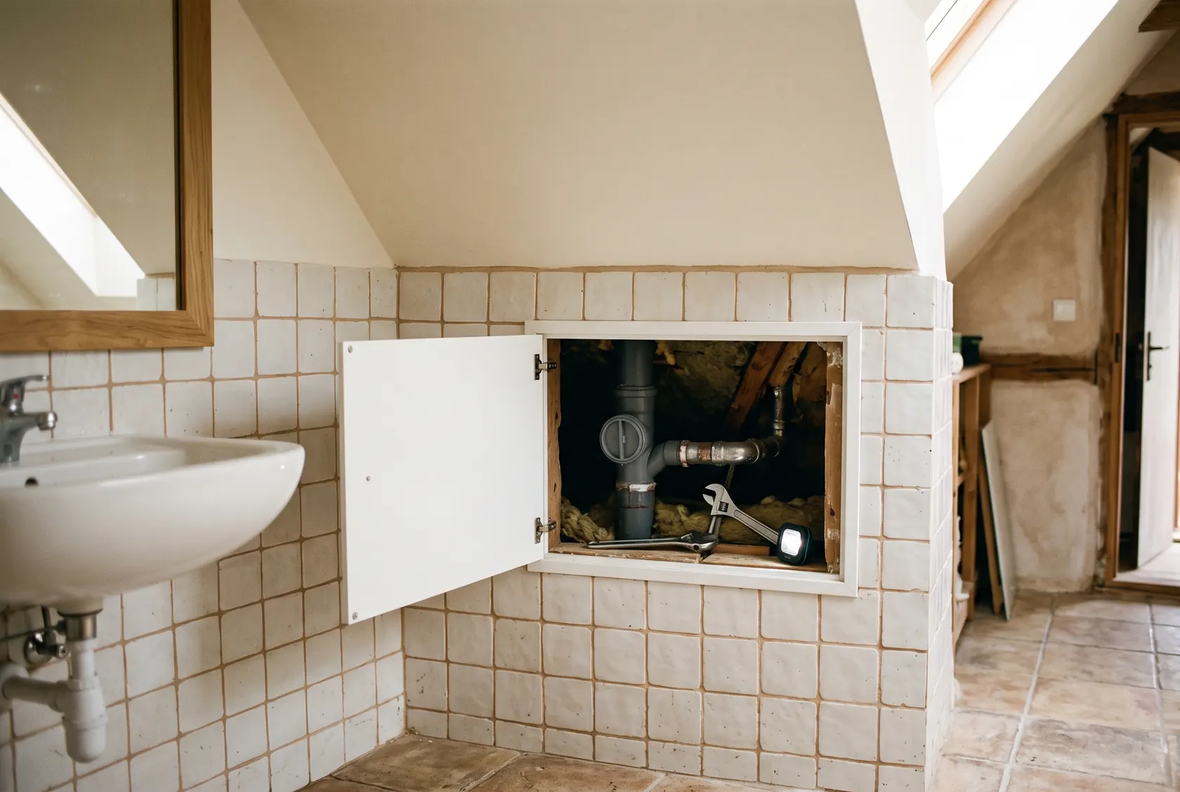 Ușiță de vizitare deschisă spre piesa de curățire a canalizării