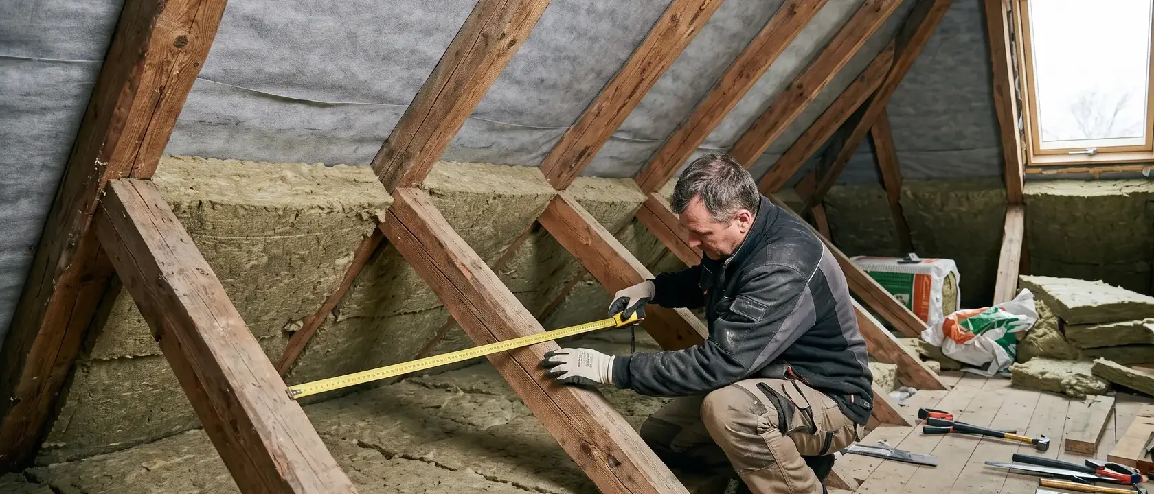 Vată minerală presată între căpriori, cu muncitorul care măsoară distanța dintre ei