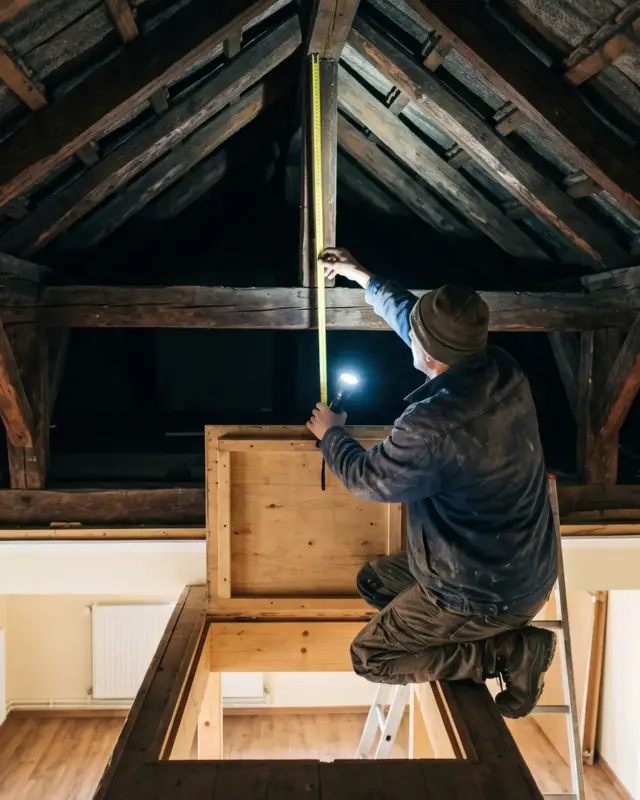 Proprietar care măsoară podul cu ruleta, de lângă trapa de acces