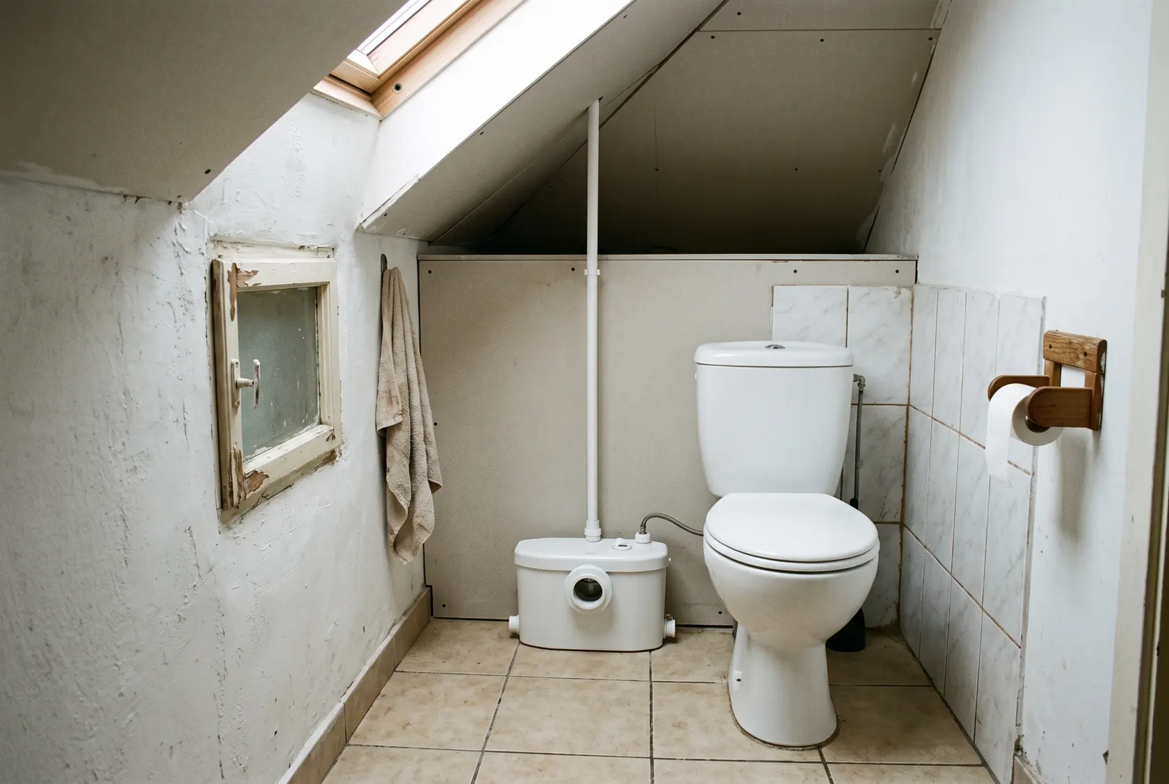 WC cu pompă compactă de tocare-evacuare și țeava subțire care urcă pe perete